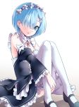  1girl bare_shoulders blue_eyes blue_hair closed_mouth commentary_request detached_sleeves flower hair_flower hair_ornament hair_over_one_eye kamekichi_(kamekiti) light_smile looking_at_viewer maid maid_headdress mary_janes re:zero_kara_hajimeru_isekai_seikatsu rem_(re:zero) shoes short_hair simple_background sitting smile solo white_background white_legwear x_hair_ornament 