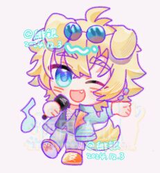  1boy 2024 absurdres animal_ears arknights black_shirt blonde_hair blue_eyes blue_jacket blush chibi chibi_only chinese_commentary commentary_request dog_boy dog_ears dog_tail ear_piercing earrings eyewear_on_head fang glitch grey_pants gulutan409 hair_between_eyes hand_up highres holding holding_microphone jacket jewelry male_focus messy_hair microphone musical_note one_eye_closed open_clothes open_jacket open_mouth open_shirt orange_footwear pants paw_print piercing shirt shoes smile sneakers solo standing sunglasses tail tequila_(arknights) tequila_(top_tier_live)_(arknights) watermark white_background white_string 