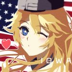  1girl american_flag blonde_hair blue_eyes character_name face headgear heart iowa_(kantai_collection) kantai_collection mitar one_eye_closed pouty_lips solo star star-shaped_pupils symbol-shaped_pupils 