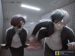  2boys achievement_unlocked arms_behind_back black_hair black_jacket black_pants brown_hair closed_eyes earrings eyepatch hair_between_eyes heterochromia highres jacket jewelry liquid looking_back multicolored_hair multiple_boys pants parted_bangs running sakura_haruka_(wind_breaker) shirt short_hair smile suo_hayato tassel tassel_earrings the_exit_8 tile_floor tile_wall tiles two-tone_hair white_shirt wind_breaker_(nii_satoru) yorimeow 