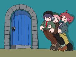  3girls ahoge alternate_costume belt beret black_belt black_footwear black_pants brown_footwear brown_jacket brown_pants crossdressing door drill_hair from_side front-to-back full_body green_eyes green_jacket grey_jacket hair_ornament hairclip hat headphones highres hug hug_from_behind jacket jitome kasane_teto long_sleeves looking_at_another looking_at_viewer looking_back looking_to_the_side mary_janes momone_momo multiple_girls necktie nippachi_(hg_0603) pants parody_request pink_hair purple_hair purple_necktie red_hair red_necktie robot_ears shadow shirt shoes short_hair smile standing suit swept_bangs tiptoes twin_drills utane_uta utau violet_eyes white_shirt yellow_pants 