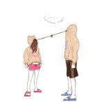  &gt;:3 ... 1boy 1girl 97_(eyli771199) :3 black_shorts brown_hair bunny_print character_name clothes_writing d.va_(overwatch) flat_color full_body hood hoodie long_hair long_sleeves navel overwatch pink_shorts restrained short_shorts shorts simple_background slippers soldier:_76_(overwatch) spoken_ellipsis string white_background 