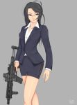  1girl 2016 artist_name assault_rifle bangs belt black_hair blue_jacket blue_skirt breasts brown_eyes cleavage collared_shirt expressionless formal g-e-n glasses grey_background gun heckler_&amp;_koch highres hk416 jacket jewelry lace lace-trimmed_skirt lips long_hair looking_to_the_side medium_breasts miniskirt necklace office_lady open_collar original rifle shirt side_slit simple_background skirt solo suit taut_clothes taut_shirt thighs weapon white_shirt 