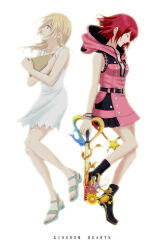  2girls back-to-back bare_shoulders black_footwear blonde_hair blue_eyes blue_footwear closed_eyes closed_mouth commentary_request copyright_name dress floating_hair full_body highres holding holding_notebook holding_weapon hood hood_down kairi_(kingdom_hearts) keyblade kingdom_hearts kingdom_hearts_iii long_hair looking_up multiple_girls namine notebook official_alternate_costume profile red_hair sandals shoes short_hair simple_background sleeveless sleeveless_dress spirasen weapon white_background white_dress 