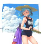  1girl alternate_costume alternate_hairstyle blue_hair blue_sky blush chin_strap closed_umbrella clouds collarbone cowboy_shot day flat_chest grin hat hips karakasa_obake kitano_(kitanosnowwhite) looking_to_the_side one-piece_swimsuit one_eye_closed red_eyes shiny shiny_hair shiny_skin short_hair short_ponytail sidelocks signature sky smile solo squirting straw_hat swimsuit tatara_kogasa thighs tongue touhou umbrella water x) 