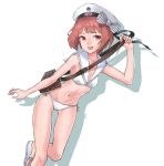  1girl :d anchor beret bikini bow breasts brown_eyes brown_hair cancell character_name cleavage clothes_writing hair_bow hat kantai_collection looking_at_viewer navel open_mouth sailor_bikini sailor_collar sandals short_hair silhouette simple_background small_breasts smile smiley_face solo striped striped_bow swimsuit teeth white_background white_bikini white_hat z3_max_schultz_(kantai_collection) 