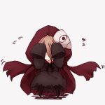  1girl blonde_hair cape covering_face evileye hair_between_eyes hood itituki long_sleeves mask overlord_(maruyama) simple_background sleeves_past_wrists solo translation_request 