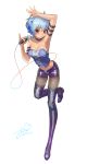  00s 1girl arm_up bare_shoulders belt blue_hair boots breasts choker cleavage collarbone fishnet_pantyhose fishnets full_body head_fins horns legwear_under_shorts looking_at_viewer mermaid_melody_pichi_pichi_pitch microphone midriff mimi_(mermaid_melody_pichi_pichi_pitch) pantyhose red_eyes short_hair short_shorts shorts simple_background sleeveless smile solo spiked_collar standing standing_on_one_leg tail thigh_boots white_background wntame 