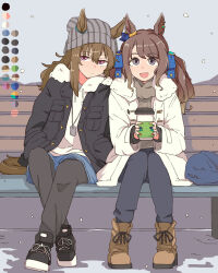  2girls :d alternate_costume animal_ears beanie bench black_footwear black_pants blue_ribbon blue_shorts brown_footwear brown_hair coat color_guide cup disposable_coffee_cup disposable_cup dog_tags ears_through_headwear grey_eyes grey_sweater hair_between_eyes hair_ribbon hat holding holding_cup horse_ears horse_girl horse_tail long_hair long_sleeves looking_at_viewer multiple_girls nakayama_festa_(umamusume) pants ribbon shorts sitting smile sweater tail toriga_naku tosen_jordan_(umamusume) twintails umamusume violet_eyes white_coat white_sweater 