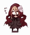  1girl blonde_hair blush cape closed_eyes evileye hair_between_eyes hands_on_hips hood itituki long_sleeves mask overlord_(maruyama) simple_background sleeves_past_wrists solo translation_request 