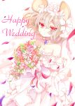 1girl animal_ears bare_shoulders bouquet breasts bridal_veil cleavage collarbone dress flower grey_hair hair_between_eyes hair_flower hair_ornament hall_jion jewelry mouse_ears nazrin pendant petals red_eyes solo strapless strapless_dress touhou veil wedding_dress white_background white_dress 