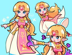  1girl blonde_hair blue_background blue_eyes blush bracelet commentary dress english_commentary gold_bracelet highres jewelry long_hair marikyuunn multiple_views pink_dress pointy_ears princess_zelda simple_background smile sparkle standing super_smash_bros. the_legend_of_zelda triforce 