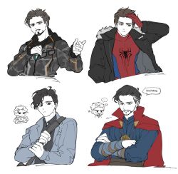  ... 5boys absurdres anger_vein animal_print animification arc_reactor avengers:_infinity_war avengers_(series) belt black-framed_eyewear black_belt black_eyes black_hair black_jacket black_shirt blue_bodysuit blue_eyes blue_jacket blue_shirt bodysuit brown_eyes brown_hair chjjlold cloak closed_mouth collared_shirt commentary_request crossed_arms doctor_strange english_text facial_hair fur-trimmed_jacket fur_trim glasses grey_hair hand_on_own_head hands_up highres holding holding_removed_eyewear holding_sign hood hooded_jacket jacket jewelry korean_commentary lapels long_sleeves looking_at_viewer marc_spector marvel marvel_cinematic_universe moon_knight_(disney+) multicolored_hair multiple_boys necklace open_clothes open_jacket peter_parker red_bodysuit red_cloak shirt short_hair sign simple_background smile speech_bubble spider-man spider-man_(series) spider_print spoken_ellipsis steven_grant streaked_hair superhero_costume sweatdrop teeth tony_stark two-tone_bodysuit unworn_eyewear upper_body white_background 