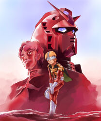  absurdres belt blonde_hair boots challia_bull char_aznable closed_mouth commentary_request dated facial_hair gloves gundam gundam_gihren_no_yabou helmet highres holding holding_helmet jacket kobakin long_sleeves looking_at_viewer male_focus mask mecha military military_uniform mobile_suit mobile_suit_gundam mustache retro_artstyle robot rx-78-2 rx-78-2_gundam_casval_custom science_fiction short_hair signature unworn_headwear unworn_helmet v-fin violet_eyes white_footwear white_gloves yellow_eyes zeon 