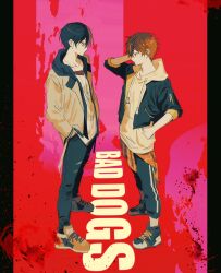  2boys abstract_background aoyagi_touya blue_footwear blue_hair blue_jacket blue_pants from_side goguma_wagamja hand_in_pocket hand_on_own_head hands_in_pockets highres hood hoodie jacket multicolored_hair multiple_boys orange_hair pants project_sekai shinonome_akito short_hair standing two-tone_hair very_short_hair white_hoodie 