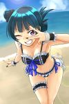  1girl bangs beach bikini black_nails blue_hair blush breasts frilled_bikini frills grin hair_bun hair_up highres lace leg_garter long_hair looking_at_viewer lourie love_live! love_live!_sunshine!! nail_polish one_eye_closed scrunchie side_bun smile solo swimsuit thigh_strap tsushima_yoshiko violet_eyes wrist_cuffs 