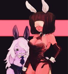  2girls afro amethyst_(steven_universe) animal_ears black_gloves breasts bunnysuit cleavage detached_collar elbow_gloves garnet_(steven_universe) glasses gloves hand_on_hip highres isuhaimo lavender_hair looking_at_viewer multiple_girls necktie purple_skin rabbit_ears red_skin smile steven_universe sunglasses 