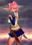  1girl animal_ears ariverkao breasts large_breasts midriff orange_eyes original pink_hair short_hair solo weapon 