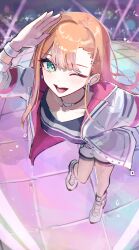  1girl ;d bare_legs gakuen_idolmaster green_eyes highres idolmaster jacket leaning_forward looking_at_viewer no_mole one_eye_closed orange_hair salute sanshoku_dango_(shukosuko) shiun_sumika shoes shorts smile sneakers solo stage stage_lights two-sided_fabric two-sided_jacket white_footwear white_jacket white_shorts 