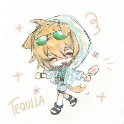  1boy :3 ahoge animal_ears anklet arknights black_footwear blonde_hair blue_vest blush bracelet character_name chibi chibi_only chinese_commentary closed_eyes commentary_request dog_boy dog_ears dog_tail eyewear_on_head fanny_pack flower food green-tinted_eyewear grey_shorts hair_between_eyes hand_up highres holding holding_food holding_popsicle hood hood_up hooded_jacket infection_monitor_(arknights) jacket jewelry knot_(xunjie00879) male_focus messy_hair multiple_necklaces necklace open_clothes open_jacket open_mouth pocket popsicle sandals see-through_clothes shorts smile solo sparkle sunglasses tail tequila_(arknights) thick_eyebrows thigh_strap tinted_eyewear vest white_background 