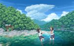  2girls barefoot blurry blush brown_eyes closed_eyes clouds depth_of_field fox hand_up highres house kitsune laughing long_hair looking_at_another mountain multiple_girls open_mouth original playing ponytail reflection river rock rope scenery school_uniform see-through_silhouette serafuku shide shimenawa short_hair shrine sky smile splashing standing standing_on_one_leg syego torii tree twitter_username wading water wet wet_clothes 