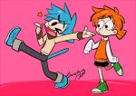  &gt;_&lt; artist_name black_shorts blue_hair blue_shoes cat_tail closed_eyes commentary_request darwin_watterson fangs green_shoes gumball_watterson humanization karabako long_sleeves looking_at_another looking_at_viewer messy_hair one_eye_closed orange_hair pants pink_background shoes shorts signature simple_background sleeves_past_wrists sneakers star sweater_vest tail the_amazing_world_of_gumball white_legwear 