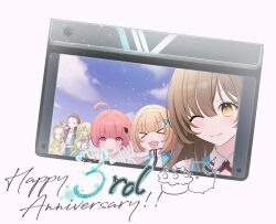  6+girls absurdres ahoge bangs_pinned_back blonde_hair bow_hairband breasts brown_hair fish_hair_ornament green_hair hair_bun hair_ornament hairband happy_anniversary heaven_burns_red highres large_breasts long_hair mochinemono multicolored_hair multiple_girls ooshima_ichiko ooshima_isuzu ooshima_minori ooshima_muua ooshima_niina ooshima_yotsuha open_mouth red_eyes red_hair sextuplets short_hair siblings sisters team_31e_(heaven_burns_red) two_side_up yellow_eyes 