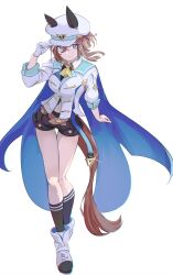  1girl animal_ears ascot black_shorts black_socks blue_cape blue_eyes brown_hair cape cheval_grand_(umamusume) ear_covers full_body gloves hair_between_eyes hat hat_belt highres horse_ears horse_girl horse_tail jacket looking_at_viewer multicolored_hair nazmocha peaked_cap shorts single_glove socks solo streaked_hair tail umamusume white_footwear white_gloves white_hair white_hat white_jacket yellow_ascot 