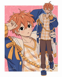  1boy akehoshi_subaru amoironron animal_bag beads black_eyes blue_footwear blue_jacket border brown_pants cat_bag closed_eyes ensemble_stars! hand_on_own_head highres jacket multiple_views official_alternate_costume orange_ribbon orange_shirt pants parted_lips pink_background plaid_clothes plaid_shirt ribbon shirt tears watermark white_border wiping_tears 