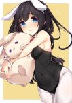  1girl animal_ears ao_no_neko black_hair blue_eyes blush breasts bunny_girl bunnysuit covered_navel dutch_angle long_hair medium_breasts original pantyhose rabbit_ears sideboob solo standing stuffed_animal stuffed_bunny stuffed_toy wrist_cuffs 