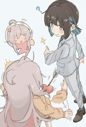  ? ^^^ afterimage ahoge arrow_through_heart black_hair blue_background blue_hair blunt_bangs blush_stickers brown_eyes brown_footwear commentary faceless faceless_female grey_hair grey_necktie grey_pants grey_shirt heart highres hozuki_momiji long_hair long_sleeves looking_at_another multicolored_hair necktie onii-chan_wa_oshimai! oyama_mahiro pants pink_hair ponytail shirt shoes short_hair short_ponytail simple_background smile sparkle split_mouth two-tone_hair upper_body yuzuponzup 