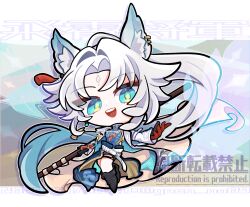  1girl animal_ear_fluff animal_ear_piercing animal_ears artist_name black_footwear blue_dress blue_eyes breasts chibi china_dress chinese_clothes dress feixiao_(honkai:_star_rail) flag forehead_jewel fox_ears fox_girl full_body gloves gnsn_no09 highres holding holding_flag honkai:_star_rail honkai_(series) jacket long_hair medium_breasts open_mouth red_gloves smile solo teeth upper_teeth_only very_long_hair white_background white_hair white_jacket 