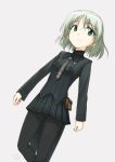  1girl absurdres alternate_color commentary dutch_angle green_eyes highres makaze_(t-junction) necktie pantyhose pleated_skirt pouch sanya_v_litvyak short_hair silver_hair simple_background skirt smile solo strike_witches walking white_background world_witches_series 