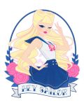  1girl adapted_costume artist_request bangs bishoujo_senshi_sailor_moon blonde_hair earrings facial_mark flower forehead_mark hand_on_hip lipstick long_hair rose sailor_collar sailor_moon smile solo source_request tsukino_usagi v victory_rolls wink 