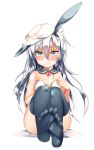  1girl abe_ranzu adapted_costume animal_ears bare_shoulders black_legwear blue_eyes blush breasts bunnysuit detached_collar fake_animal_ears flat_cap hair_between_eyes hat heart heart-shaped_lock heart_lock_(kantai_collection) hibiki_(kantai_collection) kantai_collection leotard long_hair looking_at_viewer rabbit_ears silver_hair simple_background sitting solo thigh-highs verniy_(kantai_collection) white_background wrist_cuffs 