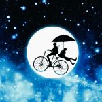  1boy 1girl bicycle from_side harada_miyuki monochrome moon night outdoors sitting stars tagme umbrella 