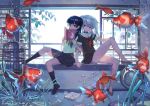  2girls black_hair black_legwear blue_eyes book brown_legwear covering_face fish globe goldfish highres katahira_(hiyama) kneehighs looking_at_viewer multiple_girls open_book original pleated_skirt school_uniform serafuku silver_hair sitting skirt socks twintails violet_eyes 