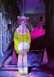  1girl afternooners building bun_cover closed_mouth double_bun full_body hair_bun hands_in_pockets high_collar highres industrial_pipe jacket long_sleeves looking_at_viewer night original outdoors purple_hair red_eyes road shoes short_hair signature smile solo standing street traffic_cone white_footwear yellow_jacket 