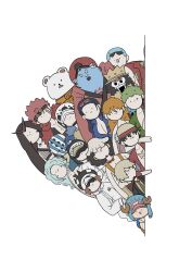  2girls 6+boys bear bepo black_hair blonde_hair blue_hair blue_skin brook_(one_piece) buzz_cut chibi colored_skin commentary_request crown eustass_kid eyewear_on_head facial_hair franky_(one_piece) goatee goggles goggles_around_neck gokuya_59 green_hair hair_over_one_eye hair_slicked_back hat heat_(one_piece) highres hockey_mask jinbe_(one_piece) jumpsuit killer_(one_piece) long_hair long_nose looking_at_viewer mask monkey_d._luffy multiple_boys multiple_girls nami_(one_piece) nico_robin one_piece orange_hair orange_jumpsuit penguin_(one_piece) red_hair roronoa_zoro sanji_(one_piece) scar scar_across_eye scar_on_chest scar_on_face shachi_(one_piece) short_hair skeleton smile straw_hat tony_tony_chopper trafalgar_law usopp very_short_hair white_jumpsuit wire_(one_piece) 