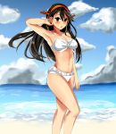  1girl absurdres arm_up armpits bare_shoulders bikini black_hair blush breasts brown_eyes cleavage hairband haruna_(kantai_collection) highres kantai_collection long_hair looking_at_viewer lyte navel parted_lips solo standing swimsuit 