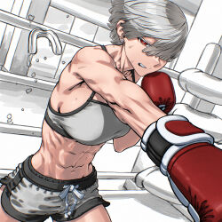  1girl abs bandaid_on_ear black_trim boxer boxing boxing_gloves boxing_ring breasts character_request clenched_teeth collarbone commentary eyebrows_hidden_by_hair gloves grey_hair grey_shorts grey_sports_bra hair_over_one_eye highres incoming_attack incoming_punch indoors long_bangs looking_at_viewer mouth_guard muscular muscular_female navel original parted_lips punching red_eyes red_gloves rggr saliva short_hair short_shorts shorts solo sports_bra sweatdrop teeth white_trim 