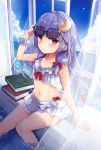 1girl adjusting_sunglasses alternate_costume alternate_hairstyle blush book bow brown_eyes clouds crescent crescent_hair_ornament glasses hair_bow hair_ornament kedama_milk looking_at_viewer midriff navel patchouli_knowledge purple_hair scrunchie sky soaking_feet solo sunglasses touhou violet_eyes water window younger 