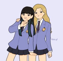  2girls black_hair black_skirt blonde_hair blue_jacket blue_streaks blunt_bangs blush brown_eyes collared_shirt commentary cowboy_shot english_commentary gfriend hand_on_another's_shoulder jacket looking_at_viewer multiple_girls necktie ouran_high_school_host_club pey_gf purple_background school_uniform shirt simple_background sinb_(gfriend) skirt smile twitter_username yerin_(gfriend) 