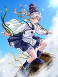  1girl black_bow black_bowtie blue_eyes blue_footwear blue_hat blue_skirt blue_sky blush boat boots bow bowtie clear_sky closed_mouth commentary_request frilled_skirt frills full_body grey_hair hat high_ponytail japanese_clothes kariginu kyabekko lens_flare long_hair mononobe_no_futo pom_pom_(clothes) ponytail ribbon-trimmed_sleeves ribbon_trim shirt skirt sky smile solo sun surfing tate_eboshi touhou water watercraft white_shirt wide_sleeves 