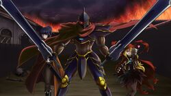  1boy 2girls ainz_ooal_gown armor artist_request black_eyes black_hair blonde_hair blush cape capelet chains collar detached_sleeves dual_wielding evileye fire gauntlets gloves greaves hair_between_eyes heart helmet hood lock long_sleeves mask multiple_girls narberal_gamma overlord_(maruyama) ponytail red_eyes shoulder_armor skirt sword weapon 