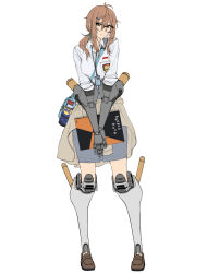  1girl ahoge android bag breasts brown_eyes brown_footwear brown_hair full_body glasses grey_skirt hair_between_eyes hair_ornament hairclip highres indonesian_high_school_uniform kitsune_udon_(qtsuneudon) large_breasts long_hair mechanical_arms mechanical_legs name_tag original ponytail school_bag school_uniform shirt sketchbook skirt sleeves_rolled_up sofia_(kitsuneudon) wd-40 white_shirt 