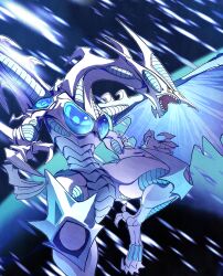  absurdres blue_wings dark_background dragon duel_monster highres no_humans open_mouth sharp_teeth solo stardust_dragon sukehachi teeth white_scales wings yu-gi-oh! 