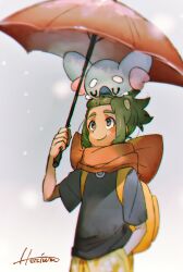  1boy black_shirt blush_stickers dark-skinned_male dark_skin gadidae green_hair grey_background hand_in_pocket hau_(pokemon) holding holding_umbrella komala looking_up male_focus orange_scarf pokemon pokemon_(creature) pokemon_sm scarf shirt signature umbrella 