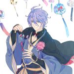 1boy blue_eyes flower highres honegai japanese_clothes kasen_kanesada male_focus purple_hair smile solo touken_ranbu wind_chime 