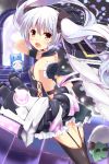  1girl black_legwear brown_eyes chain_chronicle detached_sleeves fuuna garter_straps hand_in_hair highres long_hair looking_at_viewer open_mouth silver_hair solo thigh-highs twintails 